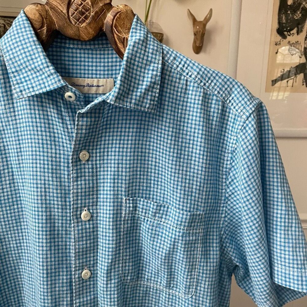 Tommy Bahama Linen Cotton Blue Gingham Short Sleeve Button Up Shirt M
